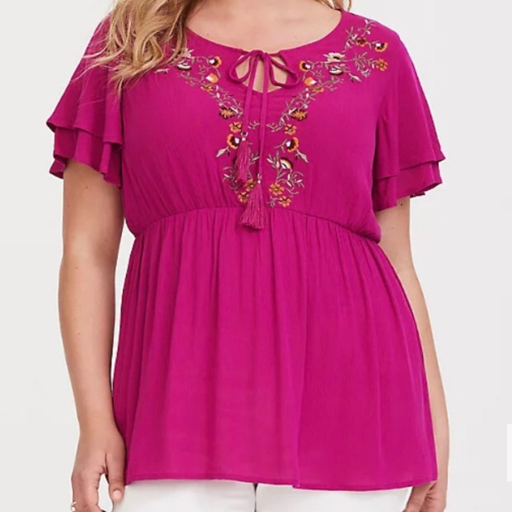 Torrid Rose Pink Embroidered Crepe Babydoll Top